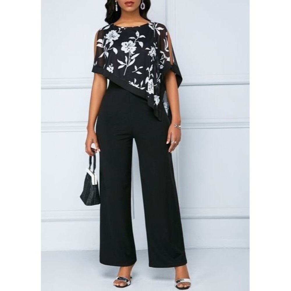 Leslie Fay Double Layer Mesh Floral Poncho Chiffon Blouse Over Jumpsuit 6